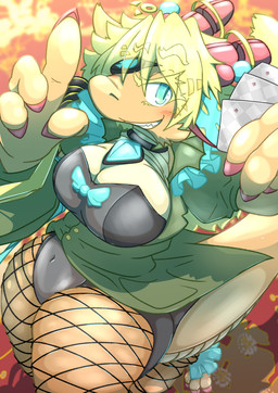 anthro blonde_hair blue_eyes breasts bunny_costume card casino clothed clothing costume female hair legwear solo mttbsmn mythology heartsroid_catalfa_(mttbsmn) dragon mythological_creature mythological_scalie scalie absurd_res hi_res