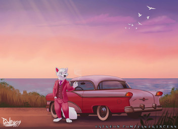 anthro car clothed clothing fur male outside solo text vehicle white_body white_fur pawprincess packard_clipper ozzy_(pawprincess) arctic_fox canid canine fox mammal true_fox hi_res url