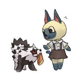 ambiguous_gender anthro black_body black_fur blue_body blue_fur bottomwear clothed clothing duo female feral fur object_in_mouth red_sclera simple_background skirt standing suspenders white_background white_body white_fur zhengyi_wang animal_crossing nintendo pokemon mitzi_(animal_crossing) galarian_form galarian_zigzagoon generation_8_pokemon pokemon_(species) regional_form_(pokemon) crossover