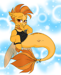 bedroom_eyes bokeh bracelet female feral freckles gills jewelry lace_topwear narrowed_eyes neck_gills orange_gills red_eyes seductive solo split_form dozyarts european_mythology greek_mythology hasbro my_little_pony mythology peach_harvest_(luftraptor) aquatic equid fish hippocampus mammal hi_res