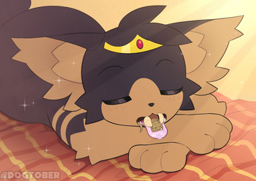 ambiguous_gender blush bodily_fluids crown crown_only duo feral headgear headgear_only in_mouth on_tongue saliva sleeping tongue tongue_out vore dogtober capcom monster_hunter nibble_(kirasol) prince_(kirasol) felid feline lynian mammal melynx mouse murid murine rodent digital_media_(artwork)