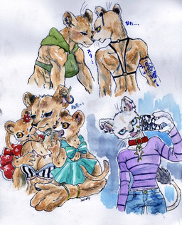 abs accessory alternative_fashion anthro bikini blue_eyes bottomwear bra bracelet breasts brown_eyes choker claws clothed clothing collar denim denim_bottomwear denim_clothing dress duo ear_piercing ear_ring female flower fur group hoodie jeans jewelry leucistic muscular muscular_female necklace pants pattern_clothing pattern_topwear piercing plant ring_piercing shirt simple_background skirt swimwear tail tattoo text tongue topwear tuft two-piece_swimsuit underwear white_body white_fur young young_anthro kyokyota felid lion mammal pantherine 2018 hi_res multiple_scenes traditional_media_(artwork)