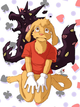 anthro black_body black_fur black_nose blush blush_stickers bodily_fluids bottomless bottomless_anthro bottomless_male chest_tuft clothed clothing crotch_tuft crying facial_tuft fur gloves handwear male pink_nose red_clothing red_shirt red_t-shirt red_topwear shirt solo t-shirt tan_body tan_fur tears topwear tuft white_clothing white_gloves white_handwear baroque_(artist) glitch_productions the_amazing_digital_circus scratch_(tadc) abstraction_(tadc) canid canine canis domestic_dog mammal 3:4 hi_res