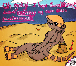 anthro beach blue_sky blush bodily_fluids brown_body brown_claws brown_fur claws cloud confusion ears_down eyelashes fangs feet fur holding_butt humor innuendo kick lying male minicomic nervous nipples nude on_side pink_nose pivoted_ears presenting profanity pun rainbow_flag rainbow_symbol sand_castle sculpture seaside shell shovel sky soles solo sweat teeth tempting_fate text toe_claws toes tools vandalism yellow_shell snufflesnuf rillian_(snufflesnuf) armadillo arthropod crab crustacean decapod malacostracan mammal xenarthran english_text