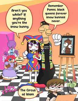 alternate_costume anthro candle checkered checkered_floor clothing coat dialogue doll female fist framed_picture grin group holidays jester lab_coat male raised_fist raised_hand religion smile speech_bubble text topwear jiffydraws yakub glitch_productions islam kwanzaa the_amazing_digital_circus jax_(tadc) kinger_(tadc) pomni_(tadc) queenie_(tadc) ragatha_(tadc) animate_inanimate human lagomorph leporid living_chess_piece living_doll mammal rabbit comic digital_media_(artwork) english_text