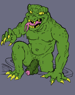 anthro balls bodily_fluids claws cum cum_drip cum_on_penis dripping ejaculation forked_tongue genital_fluids genitals glans green_body male navel nipples nude penis pubes public public_nudity solo teeth tongue warts yellow_sclera rocky_racum scalie absurd_res hi_res