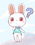 anthro bottomless clothed clothing dress female genitals pussy question_mark red_eyes solo upskirt amimalcrossin animal_crossing nintendo ruby_(animal_crossing) lagomorph leporid mammal rabbit hi_res