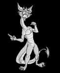 3_fingers anthro athletic biceps biped claws damaged ear_piercing facial_hair fangs feet fingers front_view frown hair horn jewelry long_neck long_tail male markings multicolored_body muscular muscular_male notched_ear pawpads pecs piercing pose scales scar sharp_teeth simple_background skinny solo spade_tail standing striped_markings striped_tail stripes tail tail_markings tattoo teeth toe_claws toes transparent_background two_tone_body lachendesreh mythology dragon mythological_creature mythological_scalie scalie 2025 alpha_channel digital_drawing_(artwork) digital_media_(artwork) full-length_portrait greyscale hi_res monochrome portrait signature
