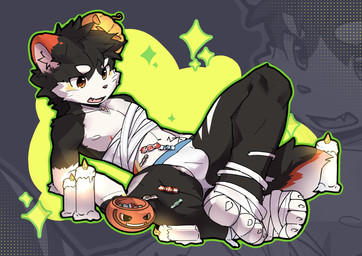 anthro bandage bandaged_chest bandaged_foot briefs bulge candle candy clothing dessert food holidays jack-o'-lantern kemono lying male on_back open_mouth solo underwear young young_anthro young_male gbarrr1 halloween mammal 2025 hi_res