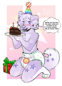 ageplay anthro birthday birthday_cake birthday_gift blep border cake clean_diaper clothed clothing dessert diaper food fur gift gradient_background hat headgear headwear infantilism kneeling little_kings_(diaper) male male_anthro party_hat pink_background purple_body purple_eyes purple_fur roleplay simple_background solo text tongue tongue_out wearing_diaper wetness_indicator white_body white_border white_fur fructoruu abuniverse little_kings canid canine canis domestic_dog mammal english_text hi_res