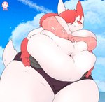 anthro belly big_belly biped bottomwear breasts claws clothing female fur hair low-angle_view markings navel obese obese_female overweight overweight_anthro overweight_female red_body red_fur red_hair red_markings simple_background sky skyscape smile solo thick_thighs topwear white_body white_fur wide_hips thaasteo nintendo pokemon zandra_(itszangeese) generation_3_pokemon mammal pokemon_(species) zangoose 2022 digital_media_(artwork) hi_res