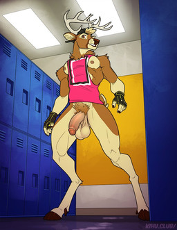 alternate_species anthro antlers backwards_baseball_cap backwards_hat balls baseball_cap bottomless clothed clothing detailed_background fingerless_gloves flaccid foreskin genitals gloves handwear hat headgear headwear hooves horn humanoid_genitalia humanoid_penis locker locker_room low-angle_view male muscular muscular_anthro muscular_male nipple_piercing nipples penis piercing pubes retracted_foreskin shirt smile solo tank_top topwear kihu evan_(kihu) deer mammal 2020
