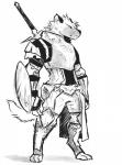 ambiguous_gender anthro armor breastplate buckler claws clothed clothing digitigrade fur gauntlets gloves greaves handwear markings melee_weapon paladin sheathed_weapon shield simple_background solo spots spotted_body spotted_fur standing sword tabard weapon white_background tohfu dungeons_and_dragons hasbro pathfinder wizards_of_the_coast gnoll hyena mammal spotted_hyena 2018 greyscale hi_res monochrome