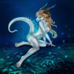 anthro biped blonde_hair breasts detailed_background female green_eyes hair horn navel nipples non-mammal_breasts sitting sky smile solo star starry_sky tail selianth mythology dragon mythological_creature mythological_scalie scalie 1:1 2018 digital_media_(artwork) hi_res