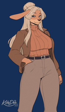 anthro belt biped blue_eyes bottomwear breasts brown_body brown_fur brown_hair clothed clothed_anthro clothed_female clothing female fingernails fingers front_view fully_clothed fully_clothed_anthro fully_clothed_female fur hair hand_in_pocket long_ears nails pants pockets simple_background slacks smile solo standing sweater tired_eyes topwear transparent_background turtleneck kittydee lola_buckhart cervine deer mammal sika_deer 2025 alpha_channel digital_drawing_(artwork) digital_media_(artwork) hi_res