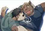 anthro belly blush bottomwear clothing duo hug kemono male overweight overweight_male pants shirt simple_background topwear white_background train_(artist) canid canine canis domestic_dog mammal suid suina sus_(pig) wild_boar 2020