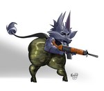 2024 anthro assault_rifle big_butt black_body black_fur breasts butt camo camo_clothing camo_print canid canine canis cheek_tuft chibi cleavage clothed clothing dubmare eyebrows facial_tuft female fur gun gunfire holding_object holding_weapon kairolarts leaning leaning_forward leggings legwear lips long_ears mammal muscular pattern_clothing raised_tail ranged_weapon rifle solo standing striped_body stripes tail thick_bottom_lip thick_thighs tight_clothing tuft weapon wide_hips wolf