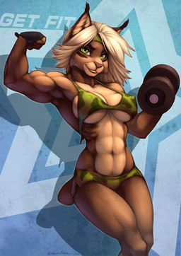 abs accessory anthro big_muscles bikini blonde_hair bra breasts camo camo_print clothed clothing exercise eye_black female fingerless_gloves fitness flexing gloves green_eyes hair handwear headband holding_object muscular muscular_anthro muscular_female navel nipple_outline skimpy smile solo star swimwear two-piece_swimsuit under_boob underwear weightlifting weights workout wolfy-nail felid feline lynx mammal 2012 digital_media_(artwork)