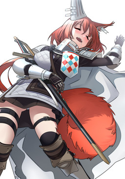 armor blush bodily_fluids bottomwear breasts cape clothing drooling ear_piercing ear_tag eyes_closed female gloves hair handwear holding_melee_weapon holding_object holding_sword holding_weapon melee_weapon open_mouth pauldron piercing red_hair saliva simple_background skirt sleeping solo sword tail underwear weapon white_background liang_chan_xing_make_tu arknights hypergryph studio_montagne flametail_(arknights) animal_humanoid humanoid mammal mammal_humanoid rodent rodent_humanoid sciurid sciurid_humanoid tree_squirrel_humanoid 2022 absurd_res digital_media_(artwork) hi_res