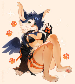 5_fingers anthro back_wings barefoot beak bent_legs bikini blue_hair breasts claws clothed clothing eyebrow_piercing facial_piercing feathered_wings feathers feet female finger_claws fingers footprint fur gloves hair handwear jacket leg_belt looking_at_viewer medium_breasts non-mammal_breasts pantsless partially_clothed paw_gloves pawprint paws piercing simple_background sitting skimpy small_waist smile smiling_at_viewer solo sparkles swimwear tan_body tan_fur thick_thighs toe_claws topwear two-piece_swimsuit white_background white_body white_fur wings apchuyuji mythology inno-sjoa_(character) avian gryphon mythological_avian mythological_creature teacup_gryphon 2026 absurd_res digital_media_(artwork) hi_res