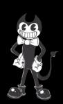 2019 alpha_channel bendy_and_the_ink_machine bendy_the_dancing_demon black_and_white black_body boots bow_(feature) bow_tie clothing demon demon_humanoid fleischer_style_toon footwear front_view gloves handwear hi_res horn horned_humanoid humanoid krolik male monochrome not_furry pose signature smile solo spade_tail standing tail teeth toony traditional_media_(artwork)