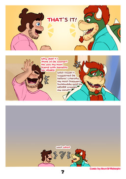 anthro clothed clothing confusion dialogue duo hairy interrobang male male/male open_clothing open_shirt open_topwear profanity relieved shirt text topwear dropsofmoonlight mario_bros nintendo bowser mario human humanoid koopa mammal scalie absurd_res bust_portrait comic english_text hi_res portrait
