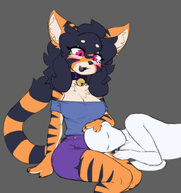 anthro bell bell_collar black_hair black_lips blush bottomwear breasts chest_tuft clothing collar duo female grey_background hair headpat human_on_anthro interspecies lips looking_down male male/female markings on_lap pink_eyes shorts simple_background smile striped_markings striped_tail stripes tail tail_markings topwear tuft waffl3sk4t alice_(waffl3sk4t) felid human mammal pantherine tiger 2024 digital_media_(artwork) hi_res