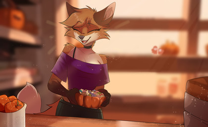 anthro apple big_breasts bottomwear bra_strap breasts brown_body brown_fur candy cheek_tuft choker clothed clothing collarbone crop_top dessert eyes_closed facial_tuft female food fruit fur happy holding_pumpkin inside jewelry necklace off_shoulder open_mouth open_smile orange_body orange_fur pants plant shirt smile solo thong_straps topwear tuft white_body white_fur glitter_galaxia ambient_among_us canid canine fox mammal red_fox true_fox 2025 colored digital_drawing_(artwork) digital_media_(artwork) hi_res shaded
