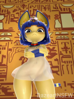 :< anthro big_butt blue_hair bodily_fluids breasts butt cat_tail clothing dancing egyptian female fur genitals hair midriff music nipples nude shortstack small_breasts solo sweat thick_thighs translucent translucent_clothing vulva wide_hips yellow_body yellow_fur dazeartnsfw zy0n7_(modeler) animal_crossing ankha_zone nintendo ankha_(animal_crossing) domestic_cat felid feline felis mammal 3d_(artwork) 3d_animation animated digital_media_(artwork) short_playtime sound
