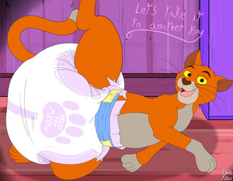 4_fingers 4_toes ambiguous_gender brown_nose clothed clothing detailed_background dialogue diaper diaper_only dipstick_tail fangs feet feral fingers fur gloves_(marking) looking_at_viewer lying markings multicolored_body multicolored_fur on_side open_mouth orange_body orange_fur orange_inner_ear orange_tail pawprint_diaper solo tail tail_markings talking_to_viewer tan_body tan_fur tan_tail_tip teeth text text_on_diaper toes topless two_tone_body two_tone_fur wearing_diaper whisker_spots whiskers yellow_sclera burritokitten disney the_aristocats thomas_o'malley domestic_cat felid feline felis mammal 2025 absurd_res artist_name english_text hi_res signature