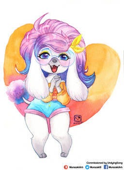 abstract_background accessory anthro biped bottomwear bow_(feature) bow_accessory bow_ribbon chibi clothing digitigrade fangs female hair_accessory hair_bow hair_ribbon heart_symbol looking_at_viewer one-piece_swimsuit open_mouth paws ribbons shorts smile solo standing swimwear teeth murazaki canid canine canis domestic_dog mammal poodle absurd_res hi_res painting_(artwork) traditional_media_(artwork) traditional_painting_(artwork) traditional_watercolor_(artwork) watercolor_(artwork)