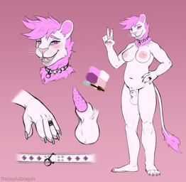 animal_genitalia anthro balls barefoot biped breasts collar feet genitals gesture gynomorph hair hand_gesture hand_on_hip hand_on_own_hip intersex navel nipples open_mouth paws penis pink_eyes pink_hair pink_penis plantigrade pose ring sheath slightly_chubby slightly_chubby_gynomorph slightly_chubby_intersex solo v_sign white_body thejoyfuldragon kassandra_branwen felid lion mammal pantherine digital_drawing_(artwork) digital_media_(artwork) full-length_portrait hi_res model_sheet portrait