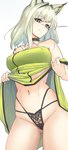 bodily_fluids breasts clothed clothing clothing_lift collar dress dress_lift eyebrow_through_hair eyebrows female genital_fluids green_eyes green_hair hair navel nipple_outline oripathy_lesion panties solo translucent translucent_hair underwear vaginal_fluids radioneet arknights hypergryph studio_montagne kal'tsit_(arknights) animal_humanoid cat_humanoid felid felid_humanoid feline feline_humanoid humanoid mammal mammal_humanoid absurd_res hi_res