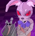 anthro bow_tie buckteeth checkered checkered_background clothed clothing duo eyelashes female high-angle_view humor inside male open_mouth open_smile pattern_background purple_background red_eyes simple_background smile standing teeth vehicle wheelchair whiskers frosstyart five_nights_at_freddy's five_nights_at_freddy's:_security_breach nickelodeon scottgames spongebob_squarepants steel_wool_studios burntrap_(fnaf) incidental_87's_mom_(spongebob) vanny_(fnaf) william_afton_(fnaf) lagomorph leporid mammal rabbit 2022 lol_comments meme