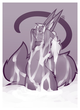 abstract_background andromorph anthro big_tail bodily_fluids border chest_tuft collar cum cum_bath cum_between_legs cum_covered cum_drip cum_in_hair cum_on_arm cum_on_belly cum_on_body cum_on_chest cum_on_ear cum_on_face cum_on_glasses cum_on_hand cum_on_leg cum_on_tail cum_on_vulva cum_pool dripping excessive_cum excessive_genital_fluids eyewear genital_fluids genitals glasses hair hands_behind_head inner_ear_fluff intersex jagged_mouth long_ears long_hair long_tail markings messy nude_andromorph nude_anthro pregnant pregnant_andromorph pregnant_intersex raised_arms smile solo standing tail thick_thighs tuft vulva wearing_glasses white_border conditional_dnp lodi_(artist) lodi_(character) demon hi_res restricted_palette signature