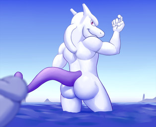 anthro back_muscles beckoning big_butt blue_penis bubble_butt butt disembodied_penis duo erection genitals gesture humanoid_genitalia humanoid_penis legs_in_water looking_at_viewer looking_back male muscular muscular_male nude outside partially_submerged penis purple_eyes rear_view seductive smile solo_focus submerged_legs water elfein nintendo pokemon generation_1_pokemon legendary_pokemon mewtwo pokemon_(species) 2016 portrait source_request three-quarter_portrait