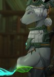 anthro areola biped breasts clothed clothing female green_eyes grey_body hair nipples side_view solo speech_bubble white_hair amata nintendo tears_of_the_kingdom the_legend_of_zelda mineru mammal zonai absurd_res hi_res