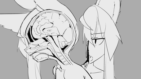 anthro big_ears blood bodily_fluids bone brain brain_exposure concerned_expression digital_sketch duo exposed_brain feathered_wings feathers female gore hair hair_over_eye long_hair looking_at_viewer machine mechanical_head organs robot_joints serious_expression simple_background skull straight_hair wings ikino_darkino iki(ikino_character) android canid canine fox human mammal robot 16:9 black_and_white greyscale line_art monochrome sketch widescreen