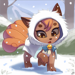 ambiguous_gender bell bow_tie brown_body brown_eyes brown_fur clothed clothed_ambiguous clothed_feral clothing day digitigrade feral forest fur hood_up inner_ear_fluff outside paws plant quadruped shadow snow snowfall solo standing tan_body tan_fur text tree tuft white_clothing vinael nintendo pokemon canid canine generation_1_pokemon mammal pokemon_(species) vulpix artist_name digital_media_(artwork) shaded