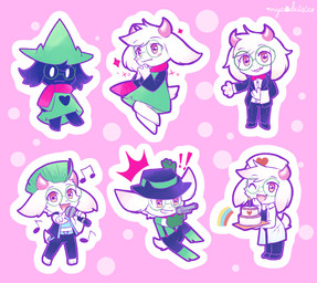 2_horns anthro biped black_body black_bottomwear black_clothing black_jacket black_pants black_suit black_topwear blush blush_stickers boots bottomwear bow_tie butler cake candle clothed clothing coat collared_shirt cowboy_hat dessert dress_shirt electronics eyewear fire floppy_ears food footwear glasses green_boots green_clothing green_footwear green_hair green_hat green_headwear green_shirt green_topwear grin gun hair handgun hat headgear headwear heart_symbol holding_food holding_gun holding_object holding_ranged_weapon holding_weapon horizontal_pupils horn jacket looking_at_viewer male microphone mohawk musical_note musical_symbol nurse_clothing nurse_hat nurse_headwear one_eye_closed open_mouth pants pupils rainbow ranged_weapon red_scarf revolver round_glasses scarf shirt shoes short_tail simple_background smile solo suit symbol tail topwear weapon wearing_glasses white_body white_clothing white_coat white_shirt white_topwear witch_hat sunnynoga deltarune undertale_(series) ralsei bovid caprine goat mammal 2025 multiple_images