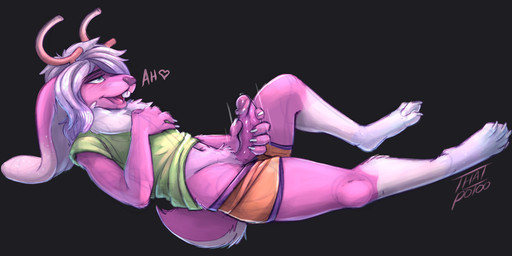 anthro antlers big_ears clothed clothing femboy fur genitals glans hair horn humanoid_genitalia humanoid_penis long_ears lying male masturbation on_back partially_clothed penile penile_masturbation penis penis_grab pink_body pink_fur shirt side_view simple_background solo t-shirt topwear underwear underwear_down white_hair thatpotoo arashi_kumo jackalope lagomorph mammal 2026 hi_res