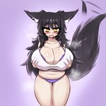 belly big_breasts black_hair blush blush_lines bodily_fluids bra breasts cleavage clothed clothing female hair heart_symbol holding_breast huge_breasts markings mole_(marking) motion_lines navel open_mouth open_smile panties shirt slightly_chubby slightly_chubby_female slightly_chubby_humanoid smile solo standing sweat tail tail_motion tailwag thick_thighs topwear underwear wide_hips yellow_eyes mochifoxxo unknown_character animal_humanoid canid canid_humanoid canine canine_humanoid humanoid mammal mammal_humanoid wolf_humanoid hi_res