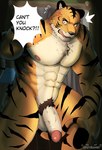 abs anthro biceps big_penis caught_in_the_act chest_tuft countershading dialogue embarrassed erection foreskin genitals looking_at_viewer male muscular muscular_anthro muscular_male nipples pecs penis retracted_foreskin solo speech_bubble tuft jayjay_(artist) beastars bill_(beastars) bengal_tiger felid mammal pantherine tiger hi_res