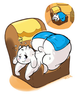 anthro armchair ass_up bedding big_breasts big_butt blanket blue_blanket bodily_fluids breasts butt chair drooling eyelashes female floppy_ears fur furniture horn huge_butt hungover one_eye_closed saliva simple_background solo sprite_redraw tail text white_background white_body white_fur xeleth undertale_(series) chairiel toriel boss_monster_(undertale) bovid caprine goat mammal 2026 artist_name hi_res