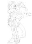 anthro clothing cosplay costume female fool's_hat gloves hair hair_over_eye hand_on_hip hand_on_own_hip handwear hat headgear headwear jester long_tail snout solo tail ratherdevious_(artist) glitch_productions hold_onto_mi the_amazing_digital_circus ciro_(tucolewds) pomni_(tadc) dinosaur prehistoric_species reptile scalie scipionyx 2024 hi_res monochrome sketch