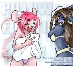 anthro black_nose blue_body blue_fur bra breasts brown_hair clothed clothing duo eyes_closed fangs female fur hair open_mouth panties pillow pillow_fight pink_body pink_fur pink_hair pink_nose teeth text underwear cherushi cherushi_(character) isabella_(cheru) anubian_jackal canid canine canis felid feline hybrid jackal mammal mouse murid murine rodent serval 2006 english_text