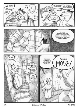 ambiguous_gender annoyed anthro barrel clothed clothed_ambiguous clothed_anthro clothed_female clothing dialogue disgust disgusted_face female fully_clothed fully_clothed_ambiguous fully_clothed_anthro fully_clothed_female fur group holding_object inside looking_at_another pointy_ears prick_ears profanity speech_bubble stairs tail talking_to_another text trio white_body white_fur yelling yelling_at_another mia_cain snjeza vesna_(mia_cain) canid canine canis domestic_dog mammal wolf 2026 absurd_res artist_name black_and_white comic cross-hatching english_text hatching_(art) hi_res monochrome shaded