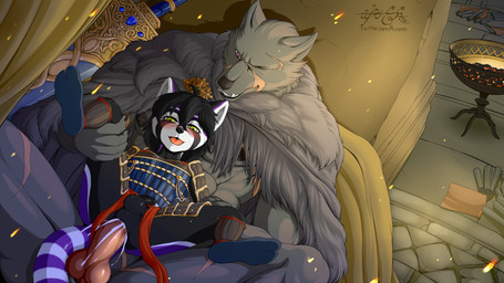adult_on_young age_difference anal anal_penetration animal_genitalia animal_penis anthro anthro_on_anthro anthro_penetrated anthro_penetrating anthro_penetrating_anthro armor balls biped black_hair blush bodily_fluids canine_genitalia canine_penis cheek_tuft cum cum_in_ass cum_inside detailed_background duo erection facial_tuft fur genital_fluids genitals grey_body hair knot larger_male leg_grab looking_pleasured male male/male male_penetrated male_penetrating male_penetrating_male melee_weapon older_male one_eye_closed open_mouth penetration penile penile_penetration penis penis_in_ass penis_size_difference scar sex size_difference smaller_male smaller_penetrated sword text tongue tuft weapon young young_anthro younger_male younger_penetrated aixen elden_ring fromsoftware blaidd_(elden_ring) yuuma_fujimori_(tsunderepanda) ailurid canid canine canis mammal red_panda wolf 16:9 english_text hi_res url widescreen