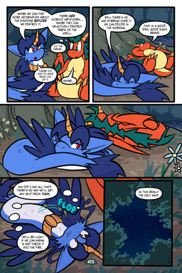 2_horns 5_panel_comic ambiguous_gender belly black_text blue_body blue_fur blue_hair blue_wings cheek_tuft claws dialogue duo ellipsis eyes_closed facial_tuft feathered_wings feathers feral finger_claws flower fungus fur green_eyes hair hands_behind_head horn inner_monologue looking_up lying motion_lines mouth_closed mushroom night on_back on_ground one_eye_closed open_mouth orange_body outside page_number plant question_mark red_eyes scales sharp_teeth sitting sky sound_effects speech_bubble star tail talking_to_another teeth text thinking toe_claws toony tree tuft white_sclera wings virmir mythology renbrand saida couatl dragon feathered_scalie feathered_snake mythological_creature mythological_scalie reptile scalie snake 2026 2:3 absurd_res comic english_text hi_res signature female_(lore) male_(lore)