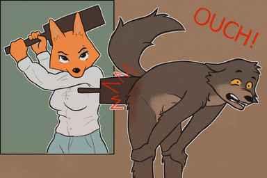 anthro bdsm butt_slap corporal_punishment dominant dominant_female duo female male male/female male_focus nude_male ouch paddle paddling piercing slap spanked_butt spanking submissive submissive_male dogsmoker dreamworks the_bad_guys diane_foxington mr._wolf_(the_bad_guys) canid canine canis fox mammal wolf comic